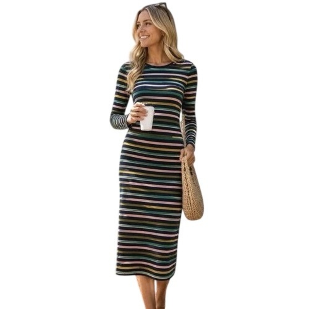 J.Crew Womens Multi Color Striped Cotton Jersey Long Sleeve Midi Dress Sz 14 NWT